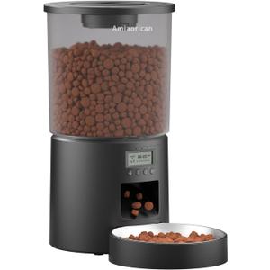 Automatic Cat Feeder 4.2L,6 Meals/Day,Dual Power Portion Control Feeder,Dry Pet Food Auto Dispenser,Timer Setting,10S Voice Record (Transparent Black, Stainless Steel Bowl)