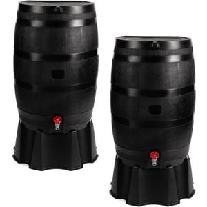 RTS Home Accents 50-Gallon ECO Rain Barrel Made with 100% Recycled Plastic, Flat Back Rain Water Collection Barrel, Stand and Link Kit Included, Black (2 Pack)