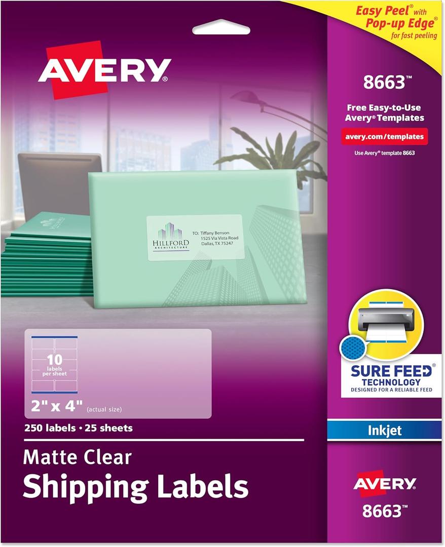 Avery Printable Shipping Labels with Sure Feed, 2" x 4" Customizable Stickers, Matte Clear, 250 Blank Mailing Labels, Great for Mailing, Shipping, and More (8663)