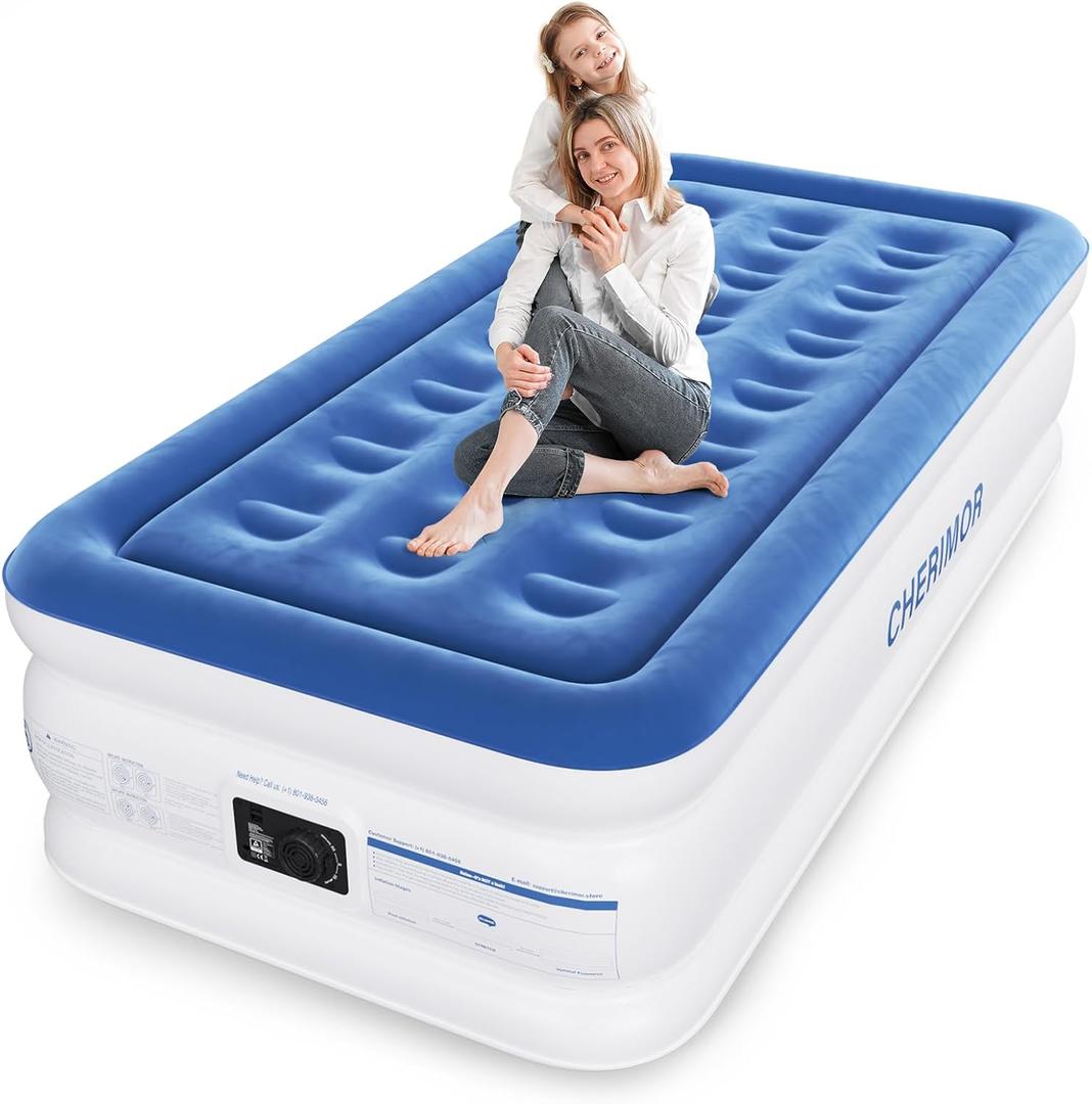 CHERIMOR Twin XL Air Mattress with Built-in Pump, 18" Raised Comfort, 80 Length, 48Hr Leak-Proof Test, Upgraded Honeycomb Pillar Design, Supports 500 lbs, 2-Min Inflation for Home Guests-Blue
