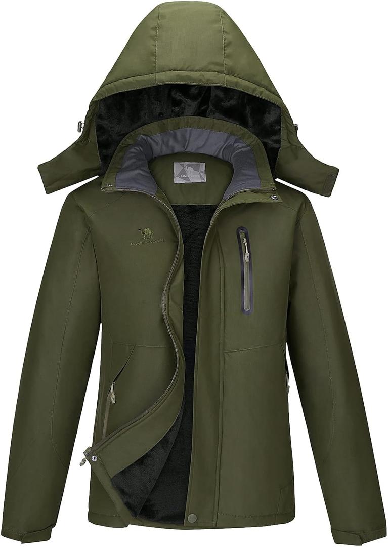 CAMEL Men's Winter Ski Jackets Waterproof Snow Coat with Hood Mountain Windproof Rain Jacket (X-Large, Army Green)