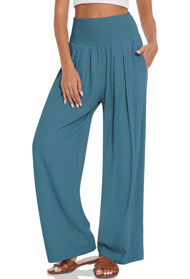 YESNO Women Summer Boho Palazzo Pants High Waist Wide Leg Floral Casual Cotton Lounge Trousers with Pockets XL PP0 Solid Dark Cyan, Size Extra Large