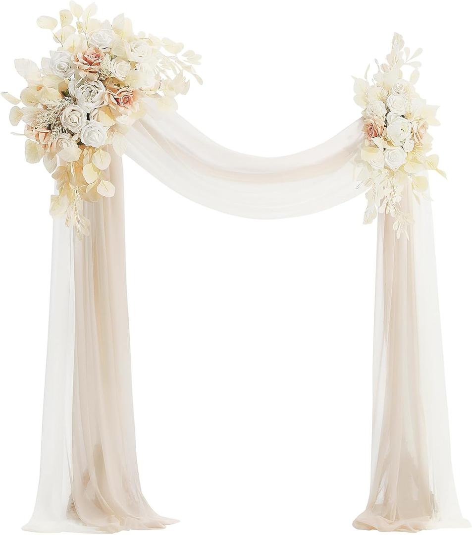 Floroom Arch Flowers with Drapes Kit (Pack of 4) - 2pcs Artificial Cream Floral Swag Arrangement with 2pcs Draping Fabric for Wedding Ceremony Arbor and Reception Backdrop Decoration