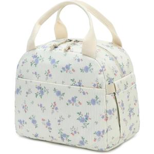 Bluboon Lunch Bag for Women Men Cute Corduroy Lunch Tote Bags Reusable Insulated Lunch Box Large Capacity Reusable Insulated Cooler for Work Picnic or Travel (Corduroy Blue Little Flower 202)