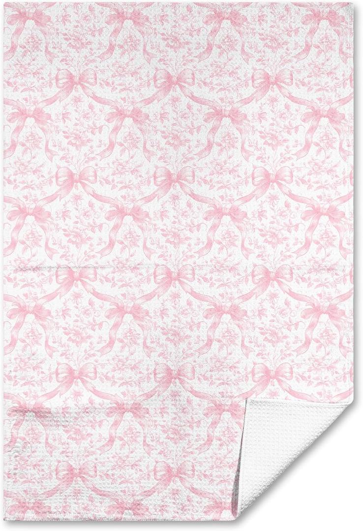 Pink Bow Coquette Kitchen Bathroom TowelsPreppy Coquette Bathroom DecorPink Chinoiserie Coquette Seamless Patterns Bows Towel 16x24 Inches