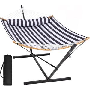SUNCREAT Hammocks Extra Large Hammock with Stand Included, Double Hammock with Curved Spreader Bar, Black Stripes