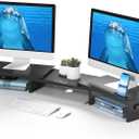 BONTEC Dual Monitor Stand Riser with Smartphone Holder, Adjustable Length & Swivel Angle, Ergonomic Wooden Desktop Organizer for PC Monitor, Laptop, Printer, Large Storage, Black