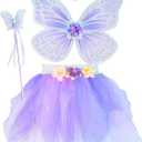 Girls Fairy Costume Set with Butterfly Wings Tutu Wand and Halo Headban (3-6 Years old, Light Purple)