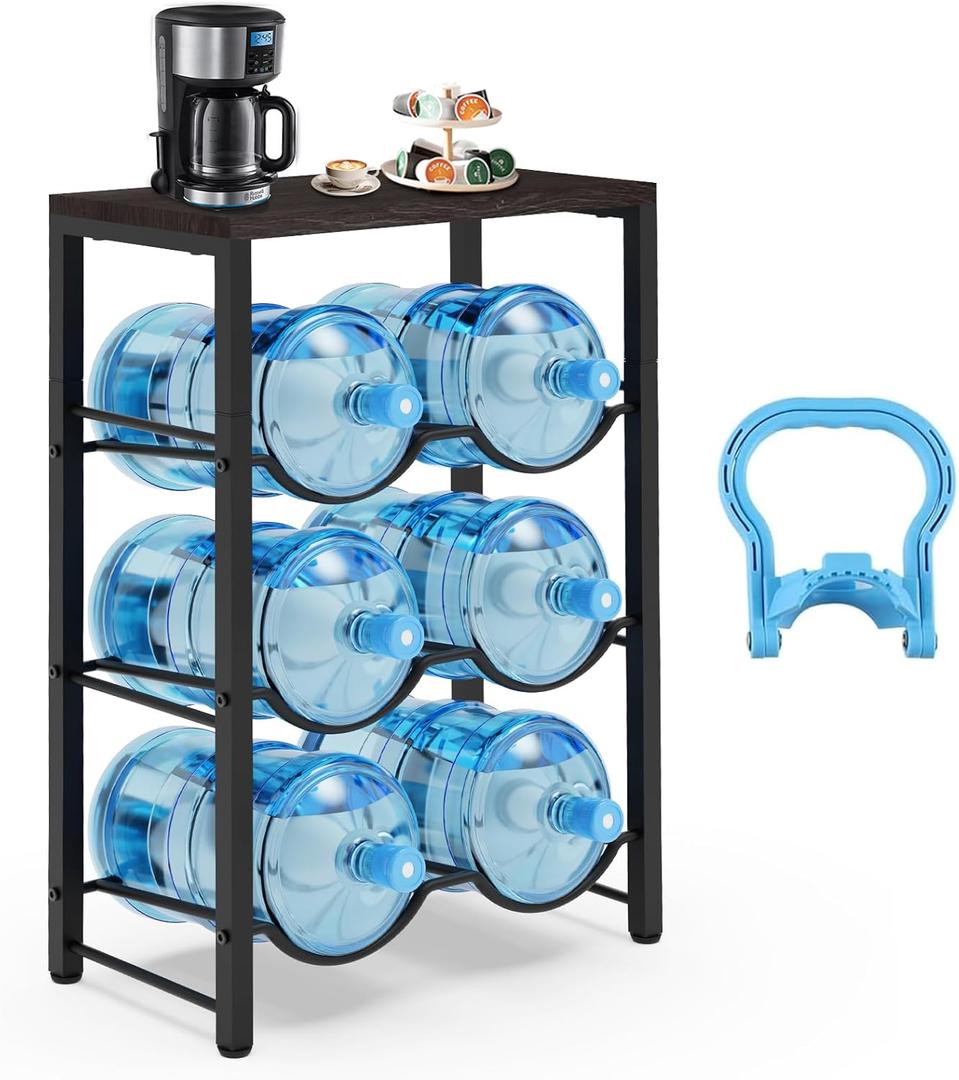 5 Gallon Water Bottle Holder for 6 Bottles, 3 Tiers Heavy-Duty Water Cooler Jug Rack with Reinforcement Frame for Home, Office, Restaurant (Black)