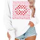 FAYALEQ Valentines Shirts for Women, Crewneck Sweatshirt with XOXO Lips Graphic, Valentines Day Pullover Gift White L