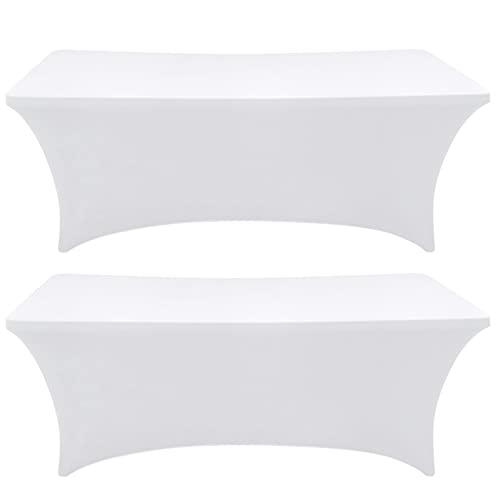 SEPARO Spandex Table Cover 2 Pack 8FT White Fitted Tablecloths,Washable Wrinkle Resistant Stretch Table Cloth Rectangle for Party Hosting Supplies,Wedding Decorations,Vendor Display,Banquet
