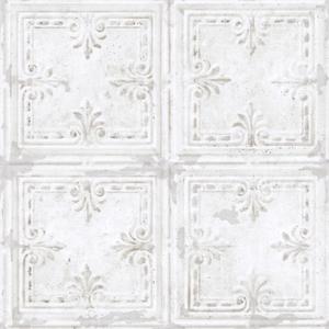 RoomMates RMK11209WP White Tin Tile Metallic Accent Peel and Stick Wallpaper
