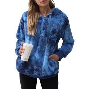 ReachMe Womens Oversized Sherpa Pullover Hoodie with Pockets Fuzzy Fleece Sweatshirt Plaid Fluffy Jacket Coat (Small, B5 Blue)