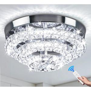 11.8" Modern Crystal Chandeliers LED Crystal Ceiling Light Fixture Flush Mount Ceiling Chandelier Light Chandelier for Dining Room Hallway Three-Tier Dimmable with Remote Control