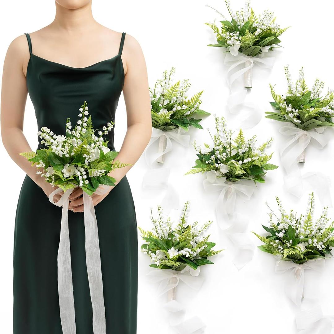 Ling's moment Bridesmaid Bouquet Set of 6, Bridal Bouquets for Bridesmaids, 7 Inch Wedding Bouquets for Bridesmaids, Wedding, Ceremony, Anniversary, etc. (Wht-lily of the Valley White)