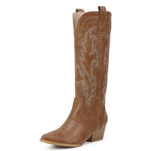 IDIFU IN2 Cowboy Boots For Women Cowgirl Knee High Western Tall Boots Chunky Low Pointed Toe Heel Boots Fashion Booties for Women Embroidered Wedding Country Concert Boots