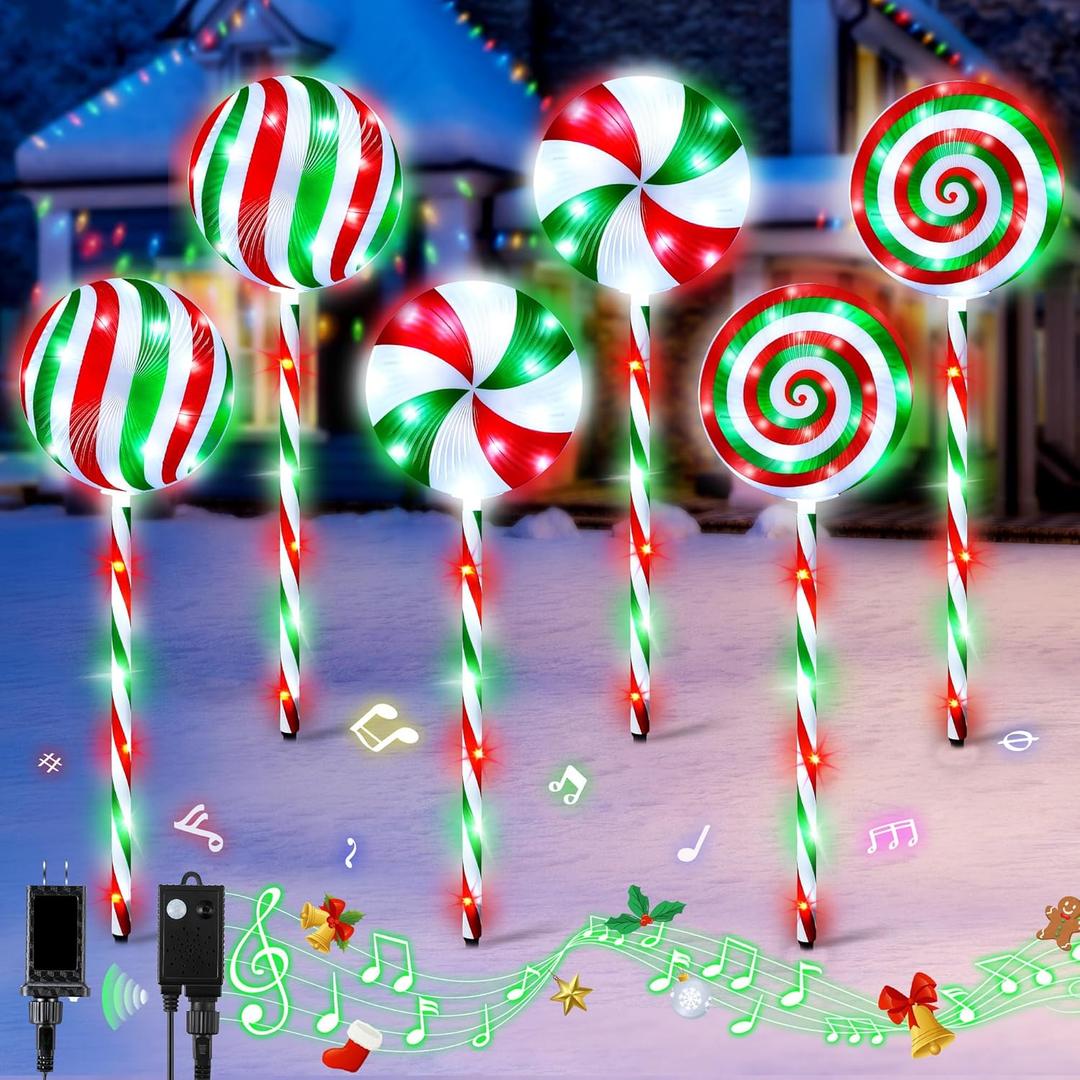 6 in 1 Lollipop Christmas Pathway Lights Outdoor, 29 Inch Peppermint Pathway Markers Lights, Lighted Candy Cane with 5 Modes and Music for Xmas Holiday Patio Yard Garden(Red, White, Green)