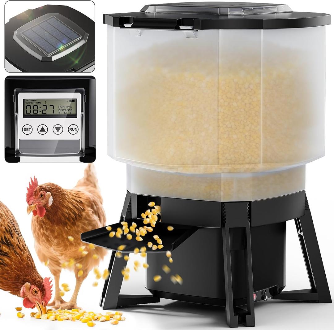 Solar Automatic Chicken Feeder with Timer, 20lbs PVC Poultry Feeder No Waste, Rat Proof Chicken Automatic Feeder with LCD Display, 6 Programmable Feeding Times (020s/Slot), 3 Throw Distances
