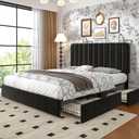 VECELO Full Size Upholstered Bed Frame with 4 Drawers and Headboard, Velvet Platform Storage Bedframe, Wooden Slats Support, No Box Spring Needed, Black
