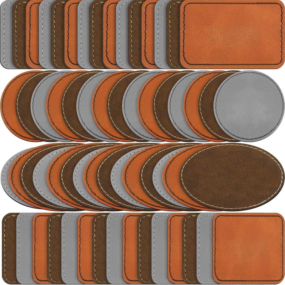 Dunzy 60 Pcs Blank Leatherette Hat Patches Laserable Leatherette Patch Iron on Heat Press with Adhesive Leather Patches for Hats Clothes Repair(Khaki, Golden Brown, Gray,3 x 2 Inches)