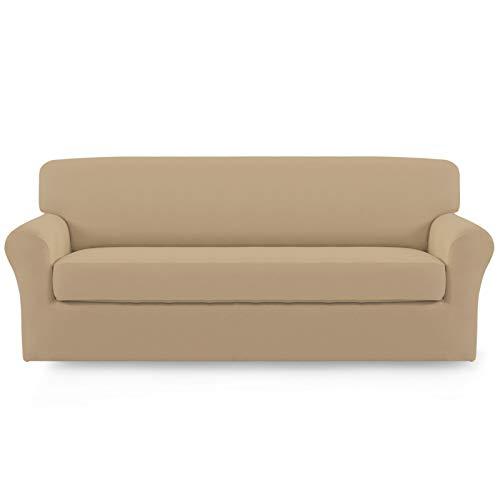 Easy-Going 2 Pieces Microfiber Stretch Sofa Slipcover Spandex Soft Fitted Sofa Couch Cover, Washable Furniture Protector with Elastic Bottom Kids,Pet (Yellow)- Large