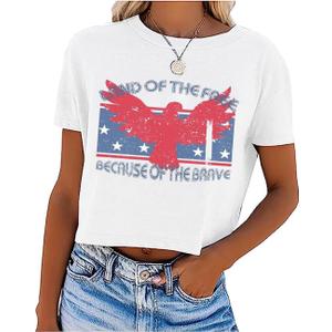 Womens American Flag Crop Tops 4th of July Patriotic Tshirt Casual Short Sleeve Crop Tee Teen Girls Crop Top (X-Small, White)
