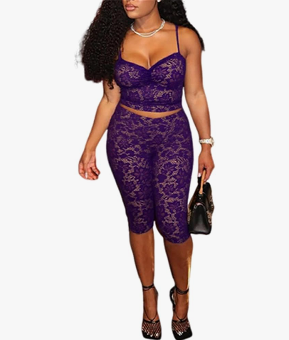 CALEBGAR 2 Piece Lingerie sets for Women Sexy Floral Lace Camisole Crop Tops Capri Leggings Jumpsuit Birthday Club Outfits, XXL, Purple Color