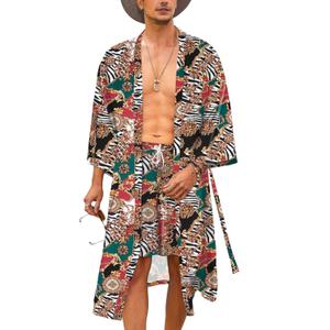 COOFANDY Men Lightweight 2 Piece Kimono Robe with Shorts Japanese Robes Casual Open Front Long Cardigan With Belt (M)