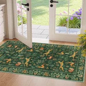 DUKINO 2x4 Rug for Hallway, Washable Kitchen Runner Rug with Non Slip Backing, Soft Low Pile Vintage Animal Runner for Bedroom, Kitchen, Hallway, Entryway, Laundry, Green