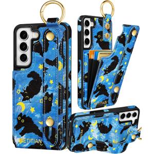 Petitian for Samsung Galaxy S22 Case with Wallet - Women Girls Cute Girly Aesthetic Unique Design Leather Credit Card Holder Cardholder Stand Wristband for S22, Blue Cat