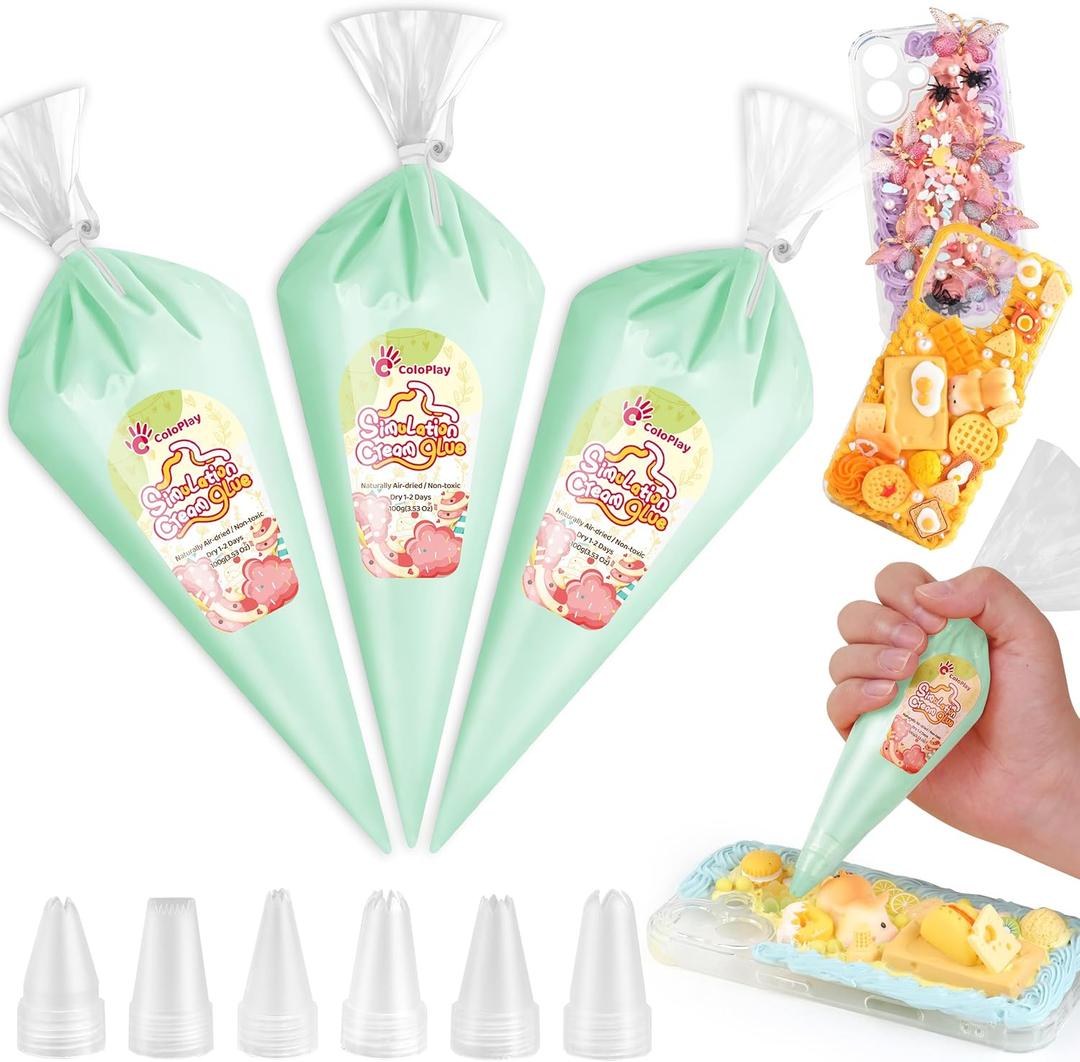 Cream Glue, 3PCS Light Green Whipped Cream Glue Kit (Each 100g) with 6PCS Piping Tip, DIY Phone Case Kit for Decoration Craft Gift Fun for Birthday, Christmas