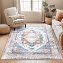Washable 3x5 Area Rugs, Rugs for Living Room, Low-Pile Water&Stain Resistant Carpet Vintage Distressed Printed Non-Slip Carpet for Bedroom Bathroom Kitchen-Blue