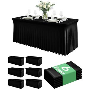 6 Pack Spandex Table Cover Skirts for 6ft Rectangle Tables, Black Stretch Table Cloths with Floor-Length Ruffle, Elastic Fitted Skirted Tablecloth for Elegant Wedding Banquet Party Buffet Decoration