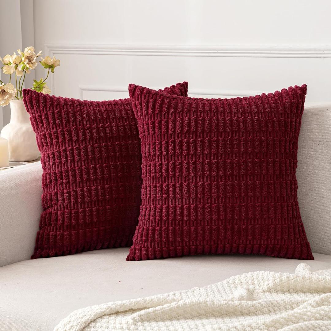MIULEE Pack of 2 Burgundy Corduroy Decorative Pillow Covers 18x18 Inch Soft Boho Striped Throw Pillow Covers Modern Farmhouse Home Decor for Sofa Living Room Couch Bed