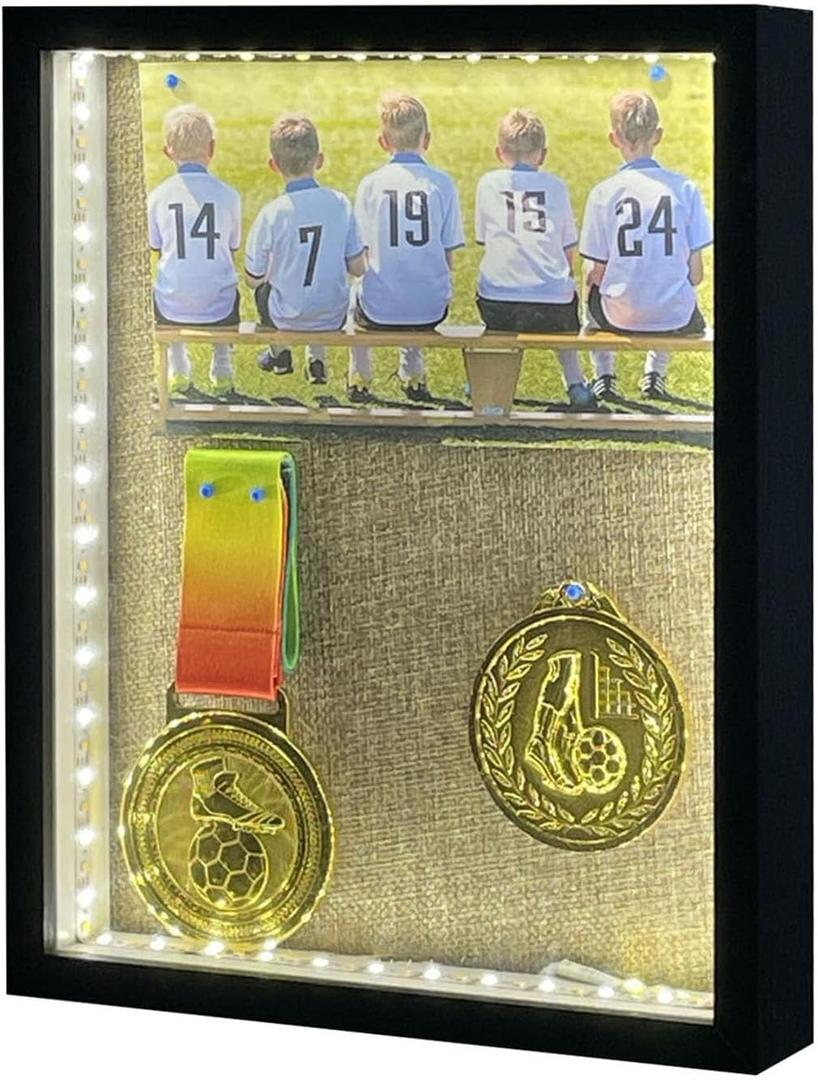 Shadow Box Frame Memory Boxes Display Cases with LED,10'' 8 '' Wood Dried Flower Picture Frame with Travel Keepsakes Memorabilia Medal for Hang Wall or Tabletop Photo Display Black