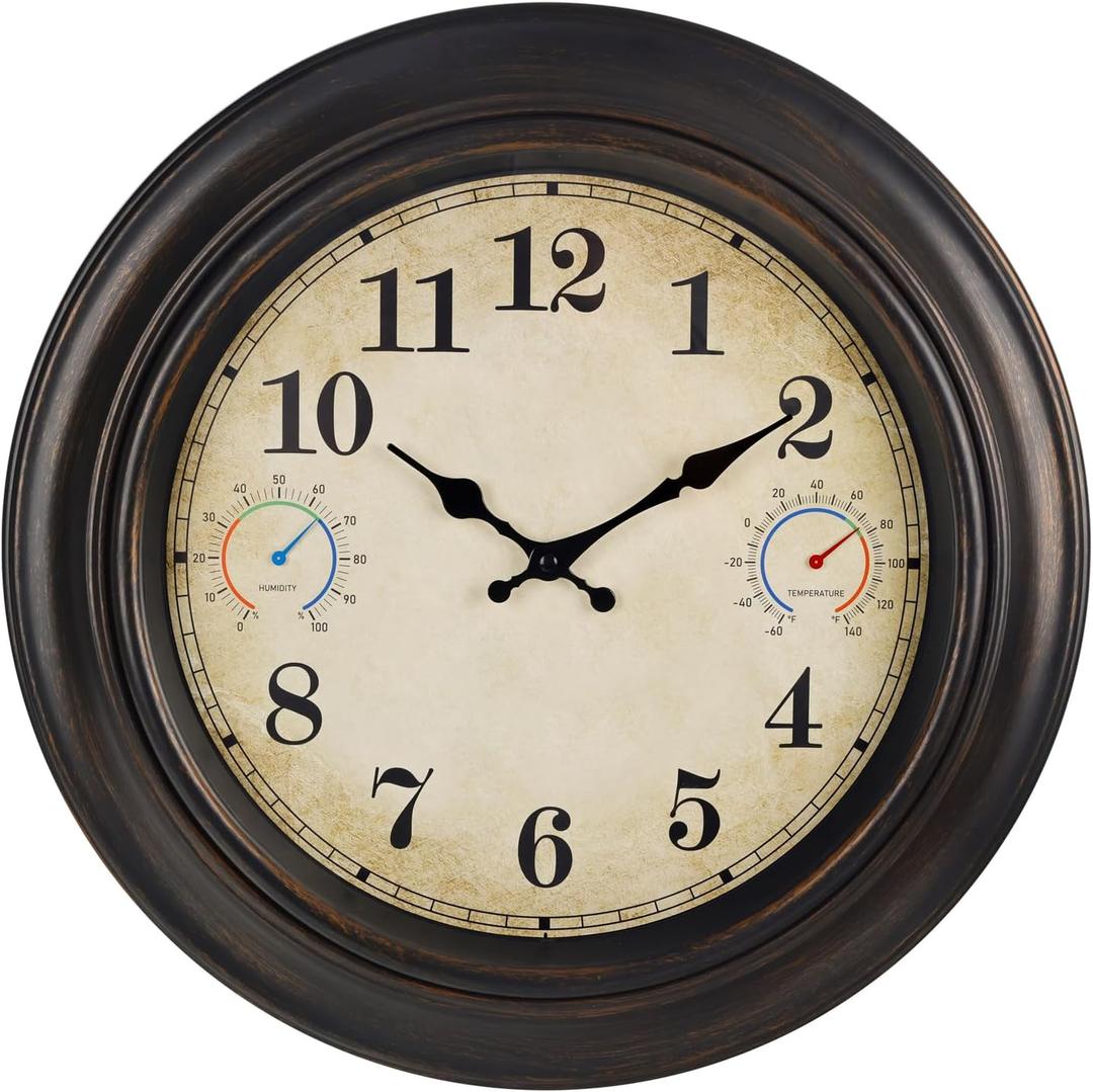 18 Inch Large Outdoor Wall Clock with Thermometer & Hygrometer, Waterproof Retro Bronze Garden Clock for Patio, Pool, Backyard, Farmhouse Decor, Silent Non-Ticking