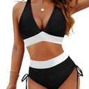 Blooming Jelly Women High Waisted Bikini Sets Tummy Control Swimsuits Color Block Two Piece Drawstring Bathing Suit. L