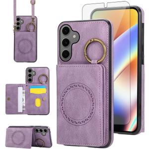 Compatible with Samsung Galaxy S24/S25 5G Wallet Case and Screen Protector Crossbody Shoulder Strap Ring Buckle Stand Card Holder Magnetic Car Mount Phone Cover for S 24 24S SM-S931U Women Men Purple