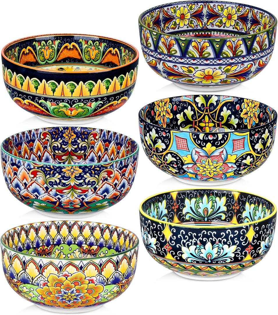 Ceramic Cereal Bowls Set of 6, 28 oz Bohemian Soup Bowl, Colorful Bowls Set for Kitchen, Dessert Bowls for Salad, Pasta, Oatmeal, Ramen, Oatmeal, Fruit, Dishwasher & Microwave Safe