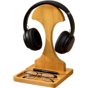 Wood Headphone Stand for Desk Gaming Headset Holder Hanger with Phone Rest and Storage Base, Detachable Design, Solid Wood Carved
