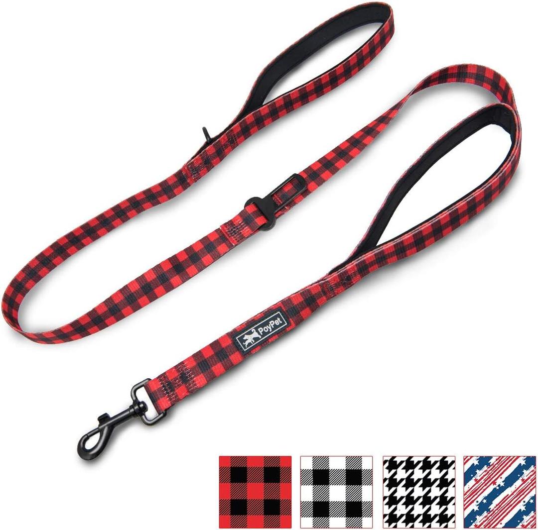 PoyPet 5 Feet Dog Leash - 2 Cushioned Handles - Functional Car Seat Belt - Fashionable Pattern, Buffalo Plaid(Checkered Red, L) (L( 1'' Width ))