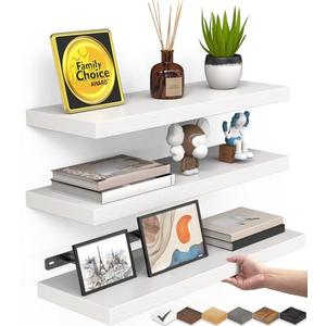 BAYKA White Floating Shelves for Wall, Set of 3, Rustic Wood Wall Shelves with Metal Brackets for Bathroom, Bedroom, Kitchen, or Living Room Decor Organization, Sturdy Storage with 22lb Capacity