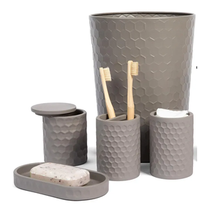 zccz 5 Piece Bathroom Accessories Set, Toothbrush Holder, Toothbrush Cup,Bathroom Vanity Tray, Qtip Holder, Trash Can - Cement