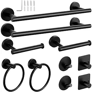 10-Pieces Matte Black Bathroom Accessories Set, 16 Inch Bath Towel Bar Set, SUS 304 Stainless Steel Hardware Set, Towel Racks, Hand Towel Holder, Black Shower Sets for Bathroom Decor Wall Mounted