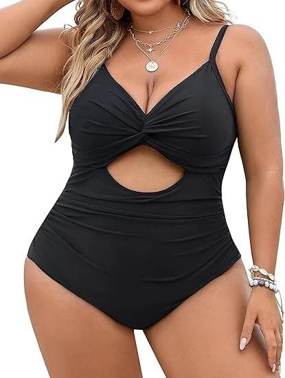 Hanna Nikole Women Plus Size One Piece Swimsuit Tummy Control Cutout Twist Front Bathing Suit Swim Swimwear Black 20w