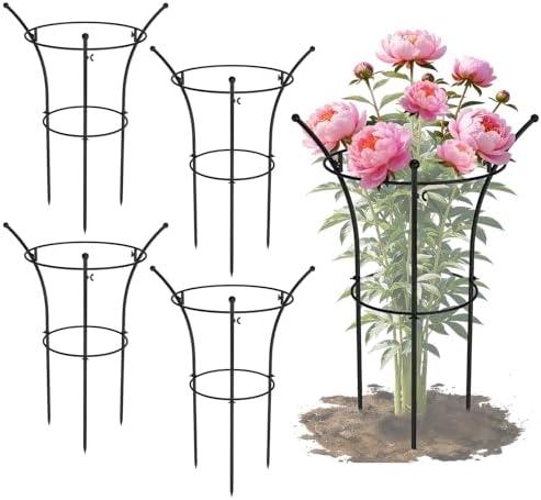 3 Pack Peony Cages and Supports, 12.5" Dx24 H Plant Supports for Outdoor Plants, Double-Ring Metal Peony Support Cage, Natural Bouquet Shape Plant Support Rings for Rose Tomato Hydrangea Strawberry
