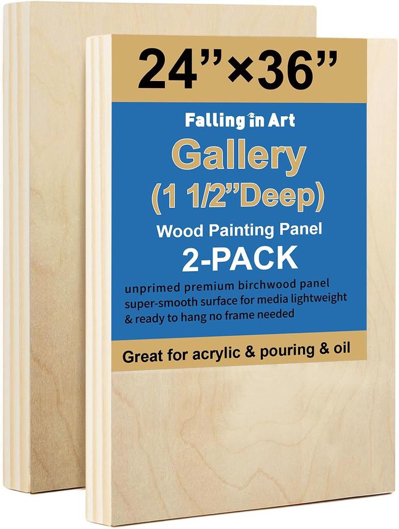 Falling in Art 2 Pack Unfinished Wooden Canvas Panels, 24x36 Gallery Birch Wood Panels Kit, 1 1/2" Deep Art Cradle Boards for Acrylic Painting, Pouring and Burning