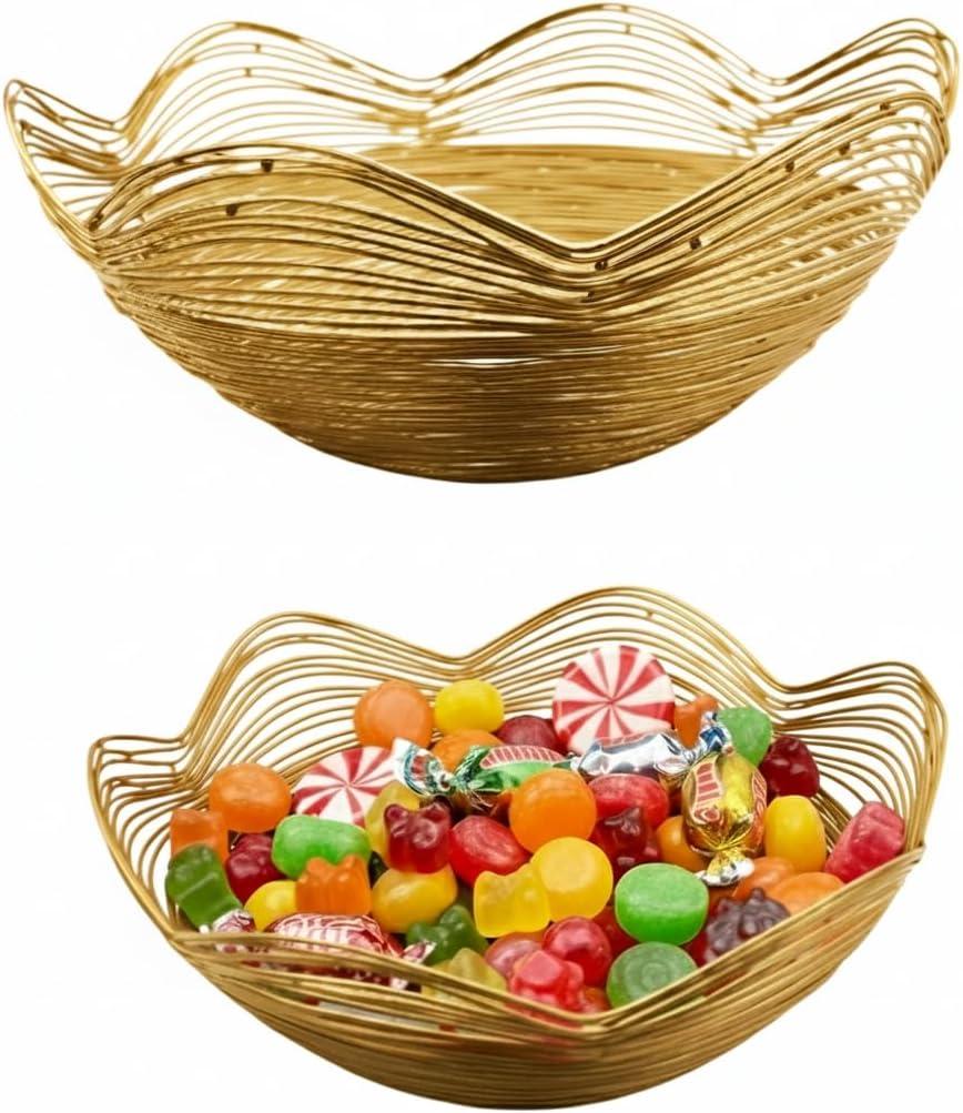 Mela Artisans Decorative Bowl | 9-Inch Gold Metal Wire Fruit Bowl | Perfect for Kitchen Counter | Fruits | Potpourri | Vegetables | Snacks | Candies (Medium)