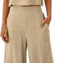 ANRABESS Women's Summer 2 Piece Outfits Sleeveless Crop Top Capri Wide Leg Pants Jumpsuit Linen Lounge Beach Travel Sets (X-Large, Apricot)