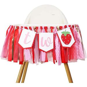 Strawberry 2nd Birthday High Chair Banner, Strawberry Themed "TWO" High Chair Garland Decoration for Second Birthday, Sweet Berry Decor for Smash Cake Backdrop Photo Props Party Supplies